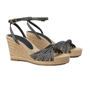 NEW Tory Burch Ribbon Strappy Wedge Espadrille Platform Sandals Navy Cream Tan 9